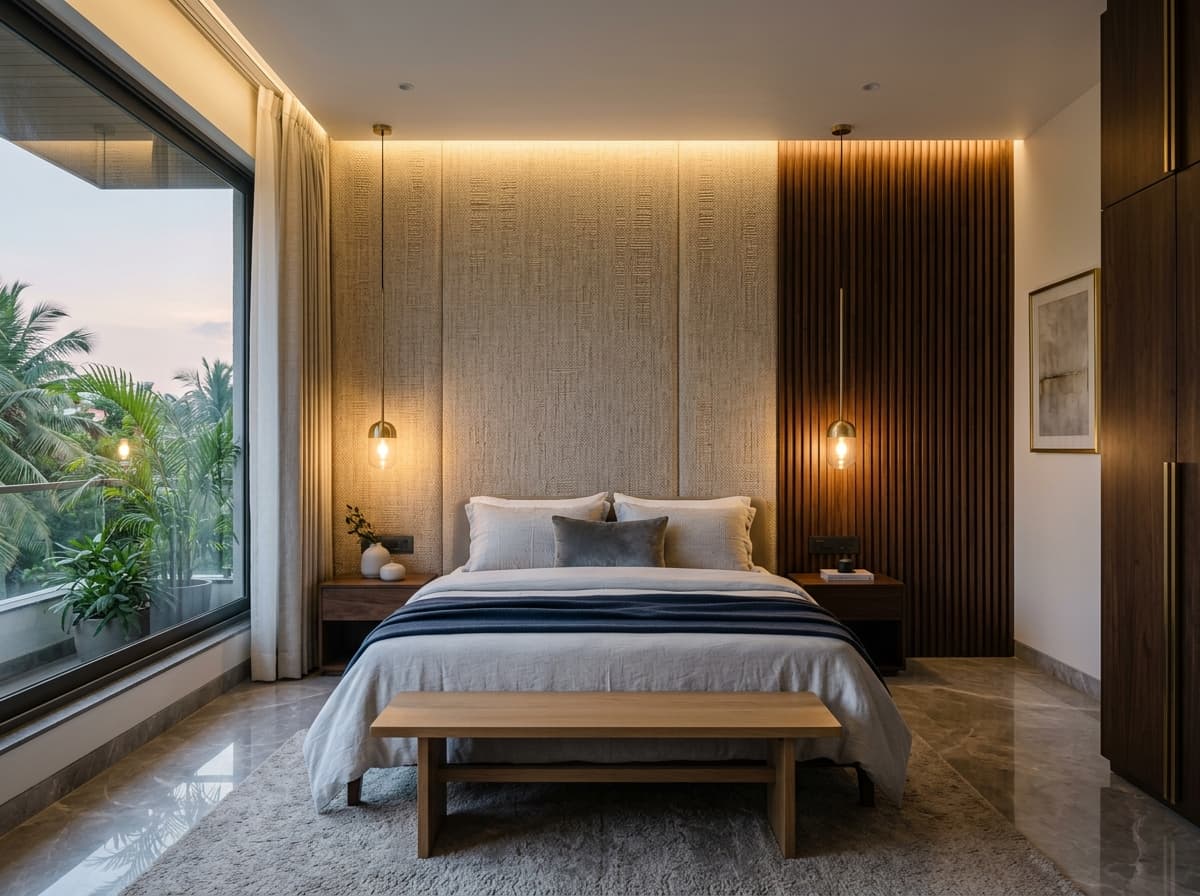 Serene master bedroom interior with bespoke upholstered headboard