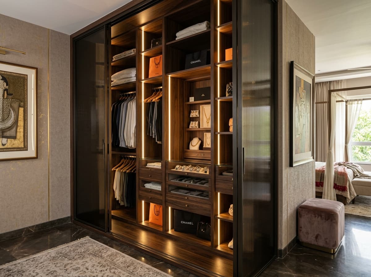 Floor-to-ceiling tinted glass sliding wardrobe with organizer drawers